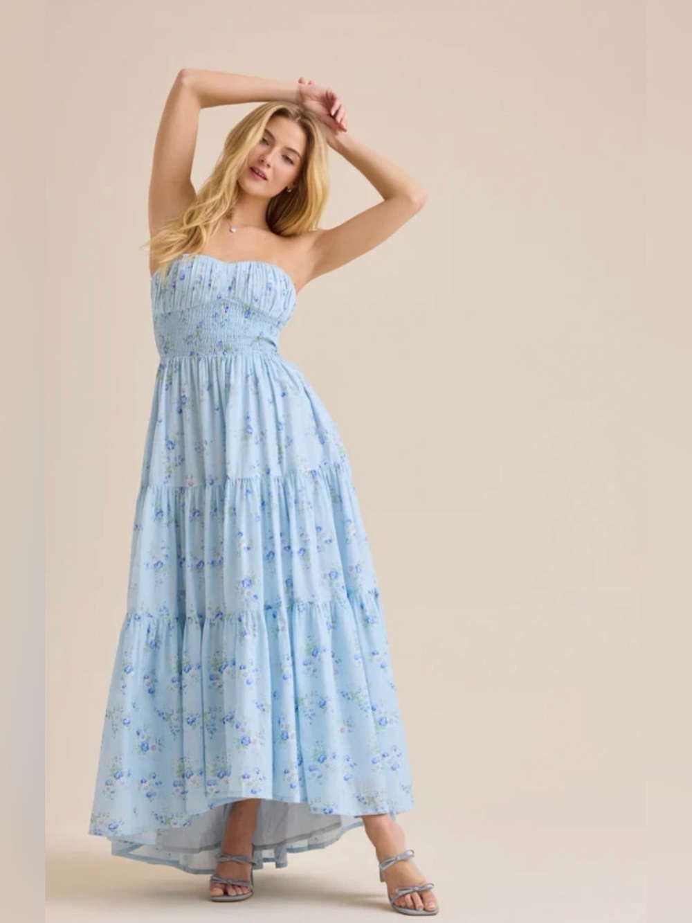Altar'd State Light Blue Floral Strapless Maxi Dress